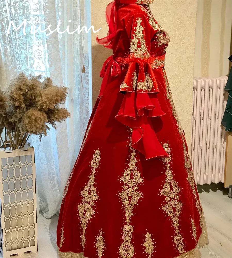 Luxury Turkish Red Kaftan Wedding Dress Flare Sleeve Sparkle Sequin Moroccan Perian Muslim Bride Renaissance Medieval Customized