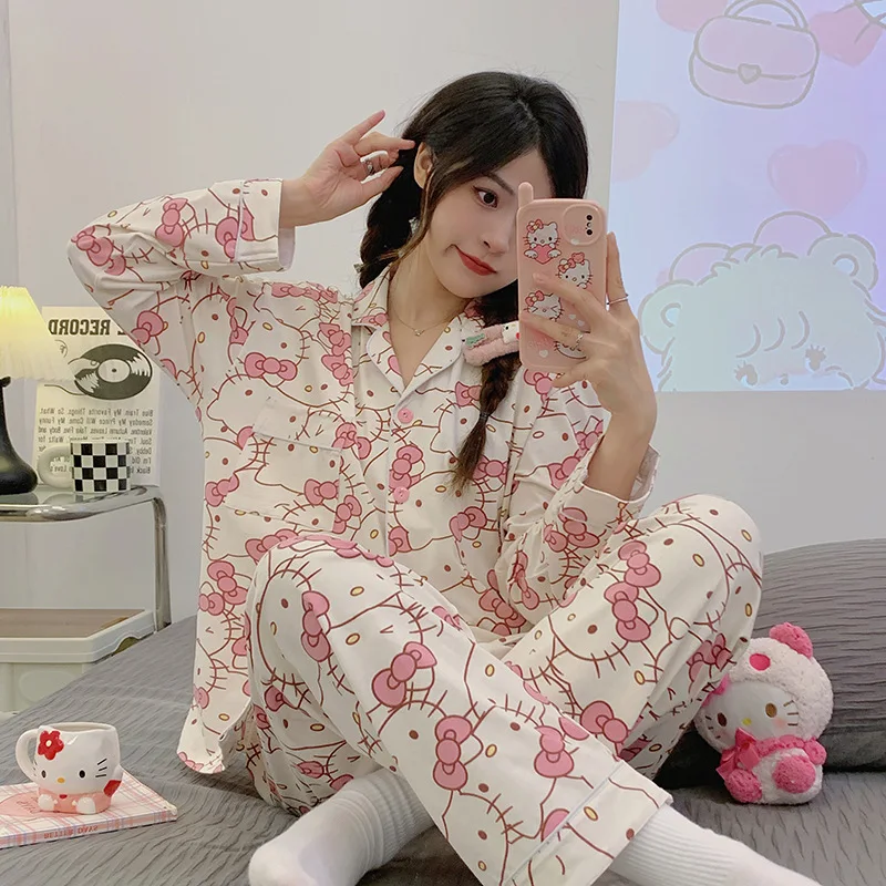 2 pièces mignon Hello Kitty pyjama costume dessin animé Sanrioed Anime Kawaii femmes printemps haut d'automne pantalons vêtements de détente Homewear filles douces