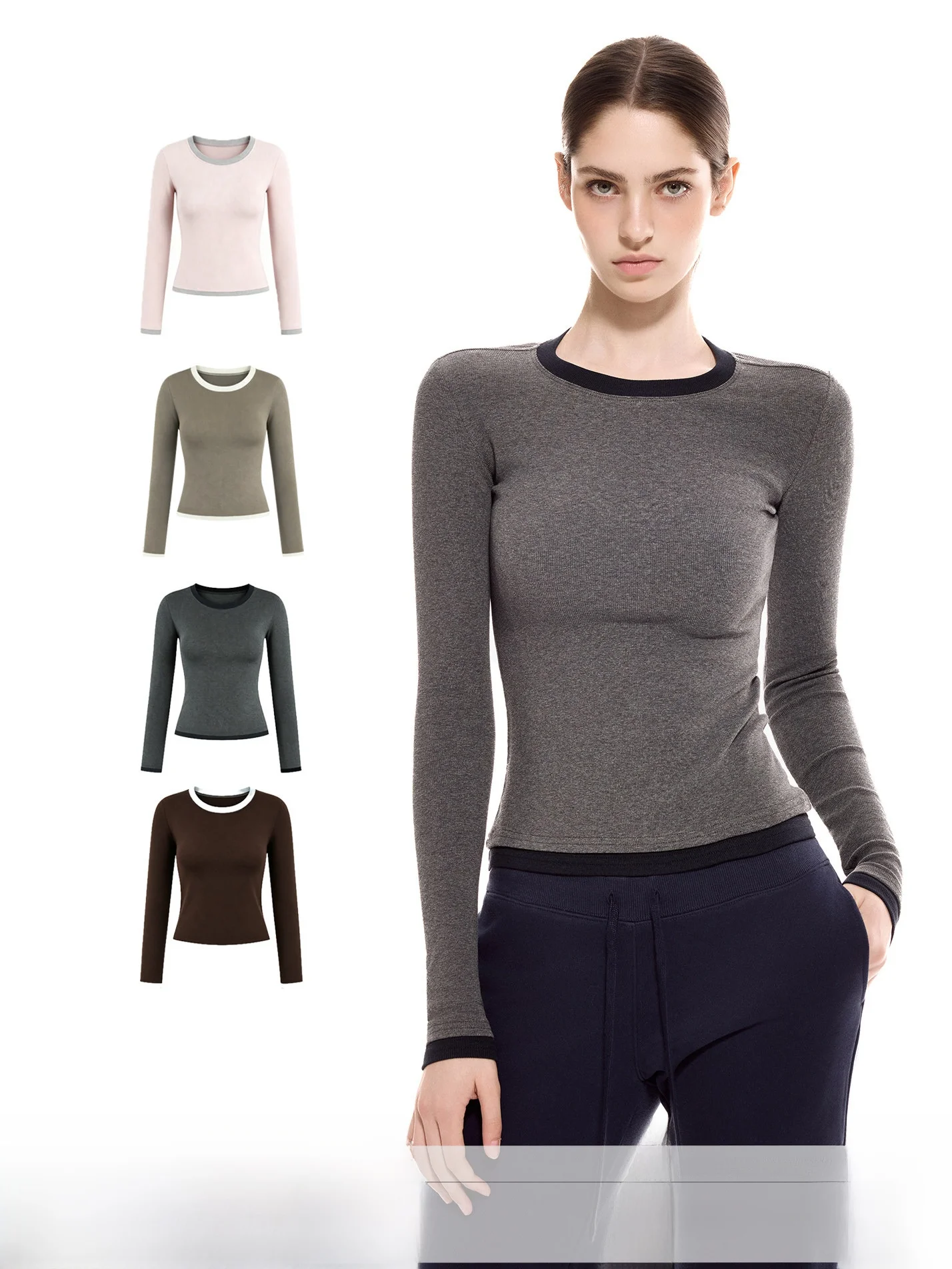 Ich Mode Women's Slim Fit Long Sleeve T-Shirt round Neck Color Block Base Layer Top Casual Style Autumn Season Fashion