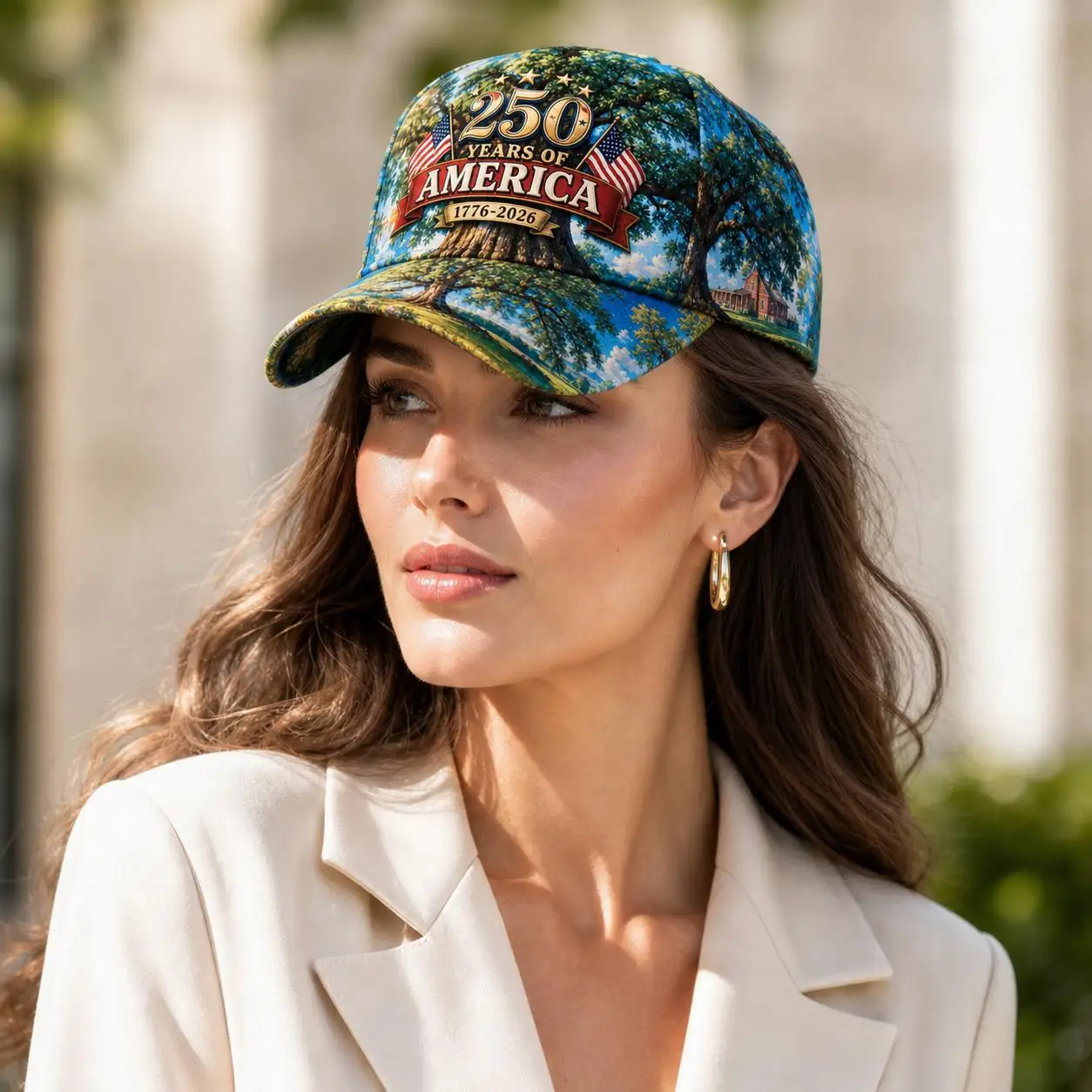 Custom USA 250th Anniversary 1776-2026 Farm Oak Tree Print Baseball Cap, Adjustable Buckle Lightweight Sun Hat, Unisex