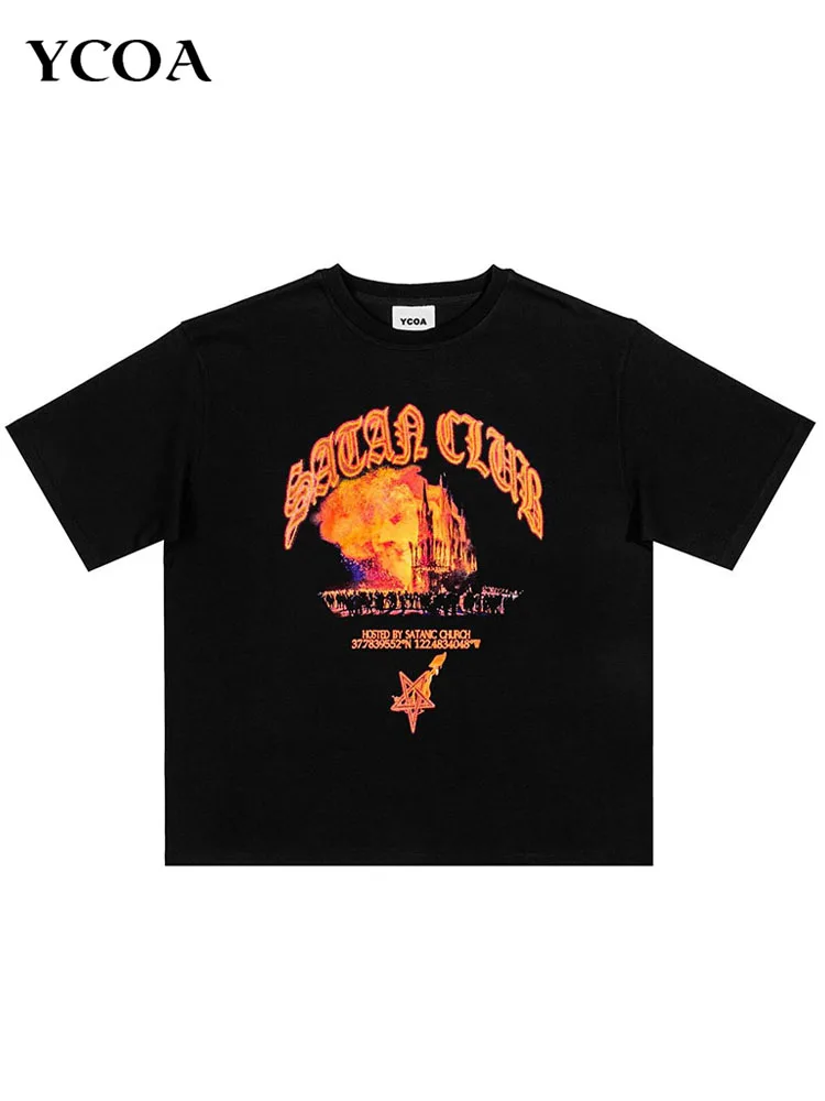 Men T-Shirt Satan Club Graphic Cotton Short Sleeve Tops Tees Printed Oversized Korean Fashion Harajuku Y2k Streetwear Clothing