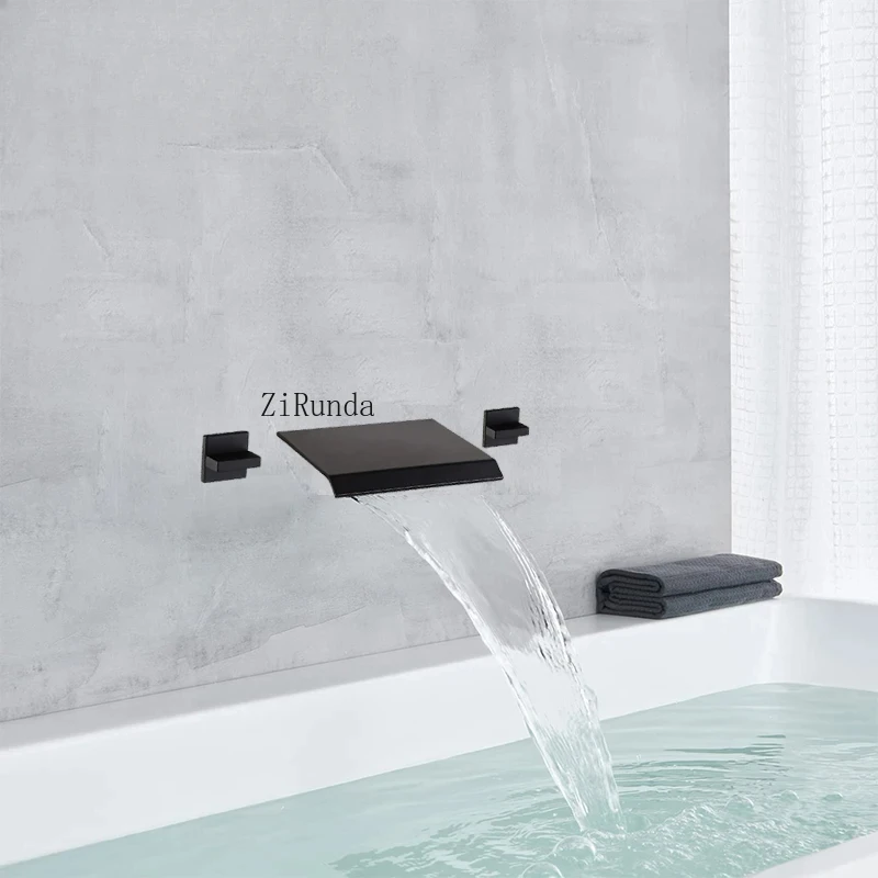 Wastafel, badkuipkraan, messing wandgemonteerde wastafelkraan, 3 watervalkranen, dubbele handgrepen