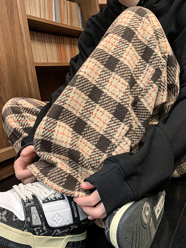 

Мужские шерстяные брюки в клетку с широкими штанинами, осенне-зимние, свободные, прямые, повседневные, больших размеров, удобные, модные, брендовые