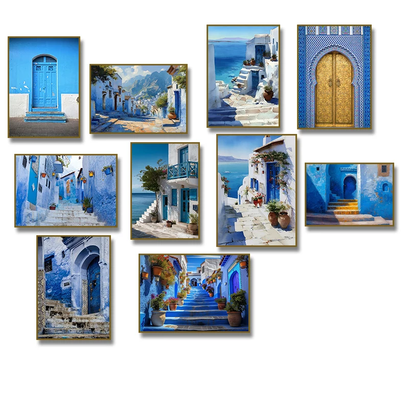 Peinture sur toile 2D, architecture d'île grecque, porte bleue marocaine, affiche de rue, impression sur toile, tableau mural pour salon