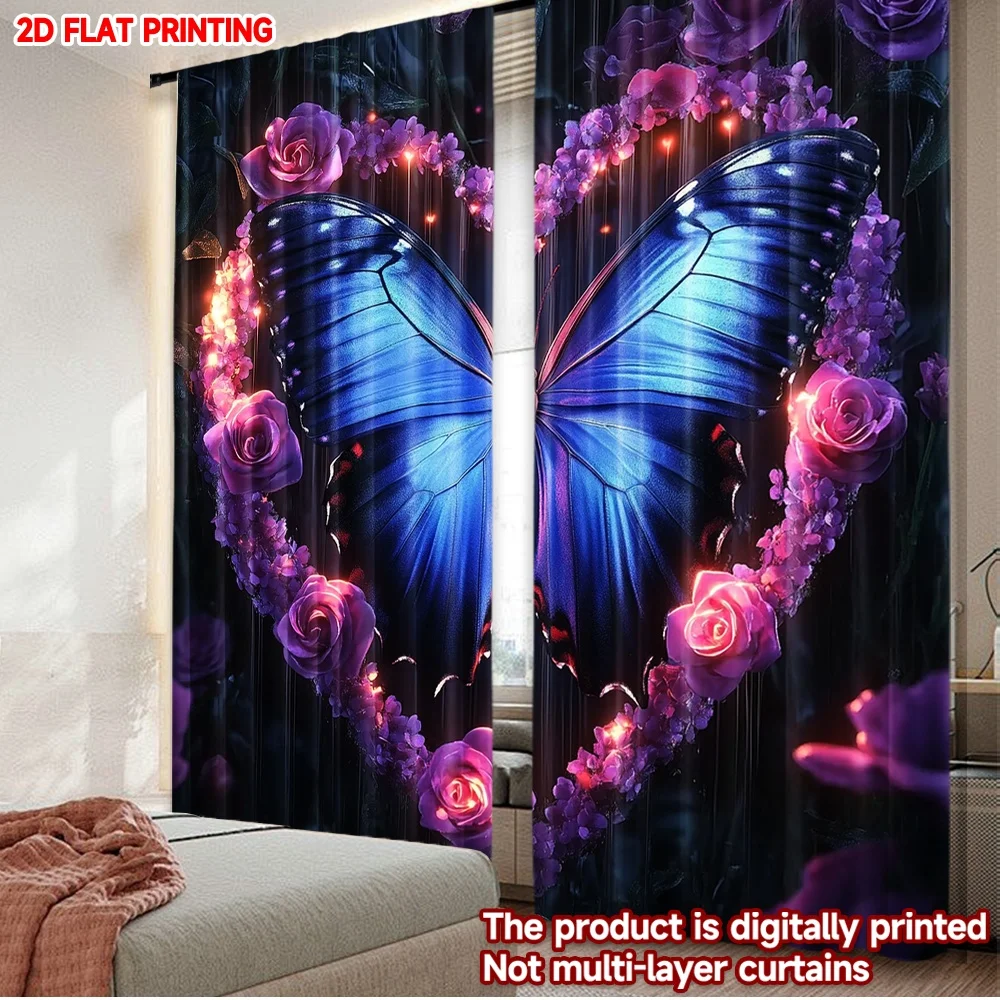 

2D плоская печать, 2 шт., праздничные шторы, синие шторы с бабочками и сердечками ко Дню святого Валентина, цифровая печать, полиэстер, для праздников