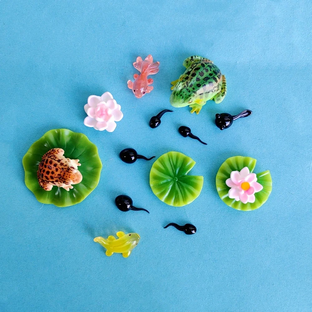 Funny Mini Frog Tadpole Lotus Flower Leaves Resin Craft Miniature Figure Ornament For Fairy Garden Micro Landscape Decoration