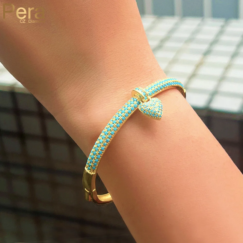 

Pera Stylish Light Blue Turquoise Stone Luxury Gold Color Heart Charm Bangles for Women Wedding Jewelry Gift Wholesale Z083