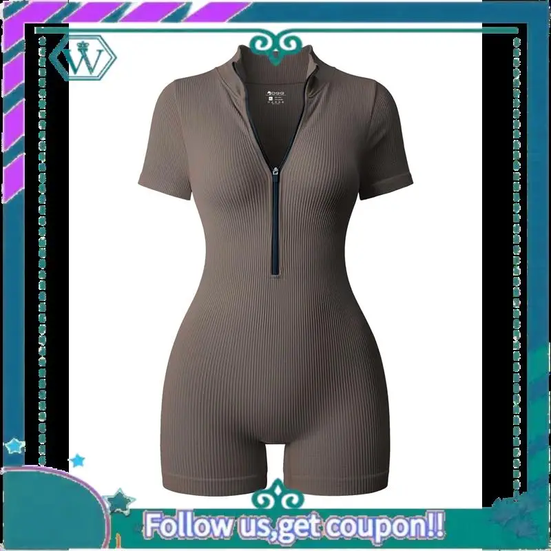 A09P ثوب فضفاض نسائي مضلع بأكمام قصيرة وسحاب أمامي قابل للتمدد للتحكم في البطن وتمارين اليوجا