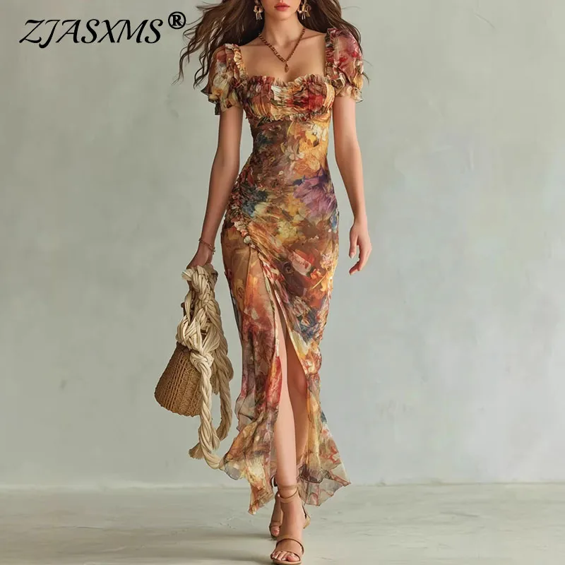 Boho Blumen-Maxikleid Damen Frühling Sexy Quadratischer Ausschnitt Gerafftes Schlitz-Bodycon-Kleid Neues Sommer Puffärmel Rüschen Partykleid