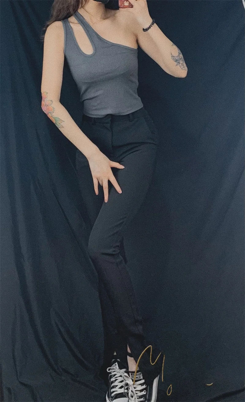 American Sle taille haute minceur jambe droite costume pantalon avant fendu pantalon décontracté pour les filles à la mode longue haute rue Sle