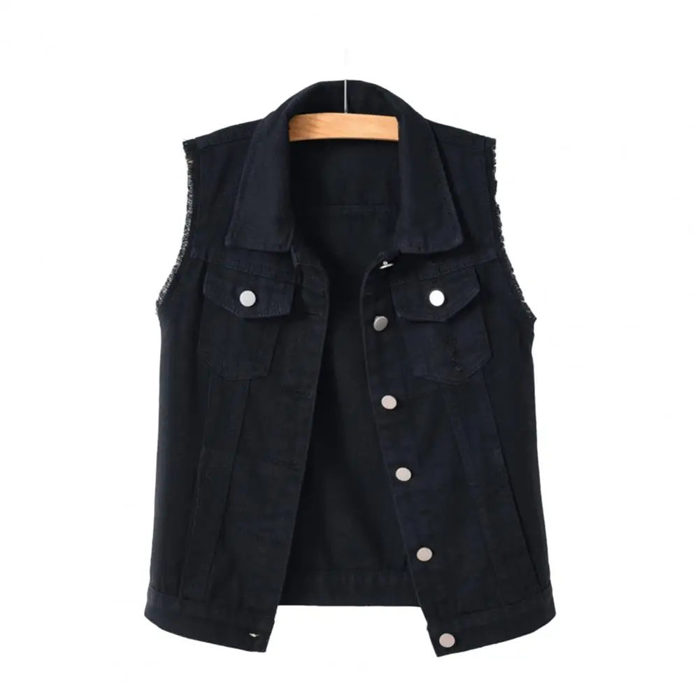 

Lapel Sleeveless Single Breasted Flap Pockets Women Waistcoat Candy Color Ripped Holes Denim Vest Coat Streetwear