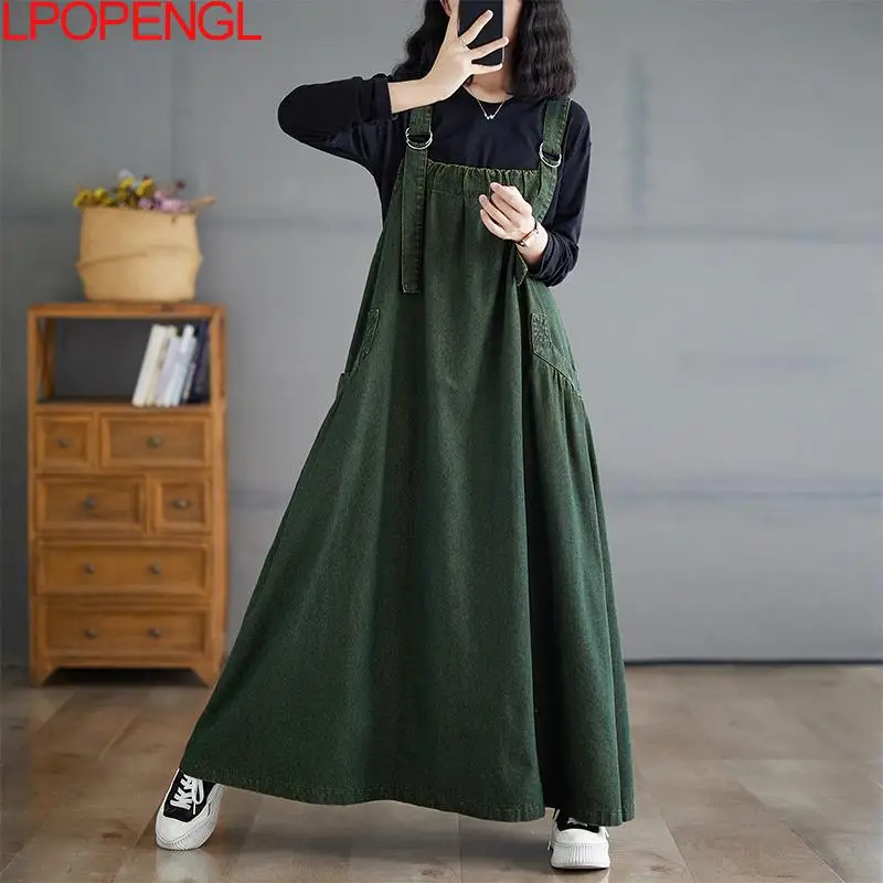 2024 New Women's Solid Color Literary  Retro Loose Denim Sleeveless Spaghetti Strap Square Collar Long Swing Ankle-length Dress