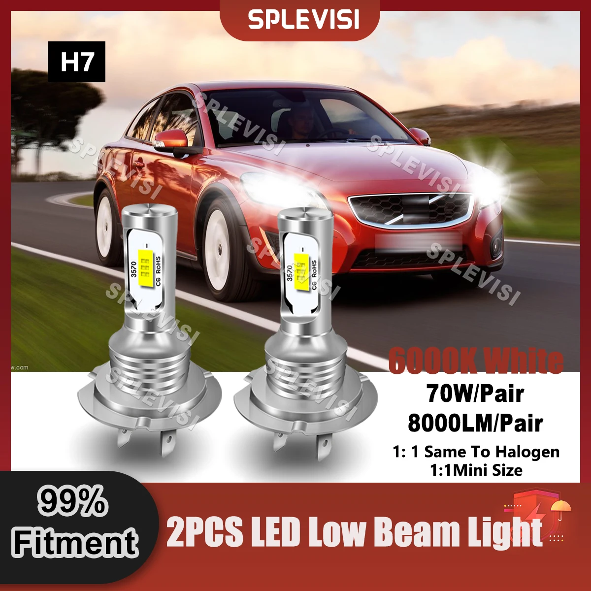 

2x Brightness LED Headlamp H7 Low Beam 6000K HID White CSP Chips For Volvo C30 2006 2007 2008 2009 2010 2011 2012 Car Low Light