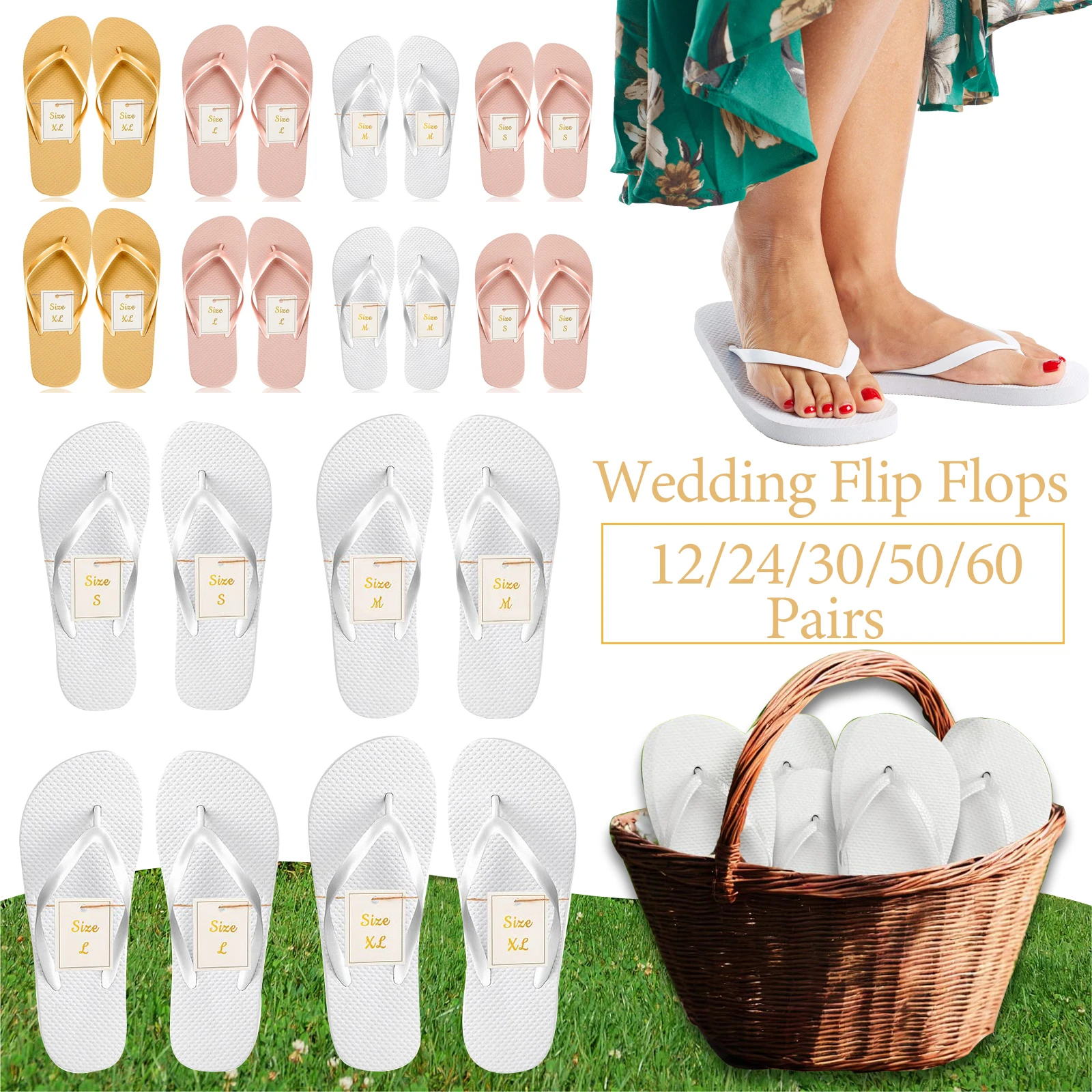 12-60 paires de tongs de mariage pour invités, sandales de plage pour demoiselles d'honneur, pantoufles de spa avec cartes de taille, cadeaux de fête pour la mariée pour le mariage