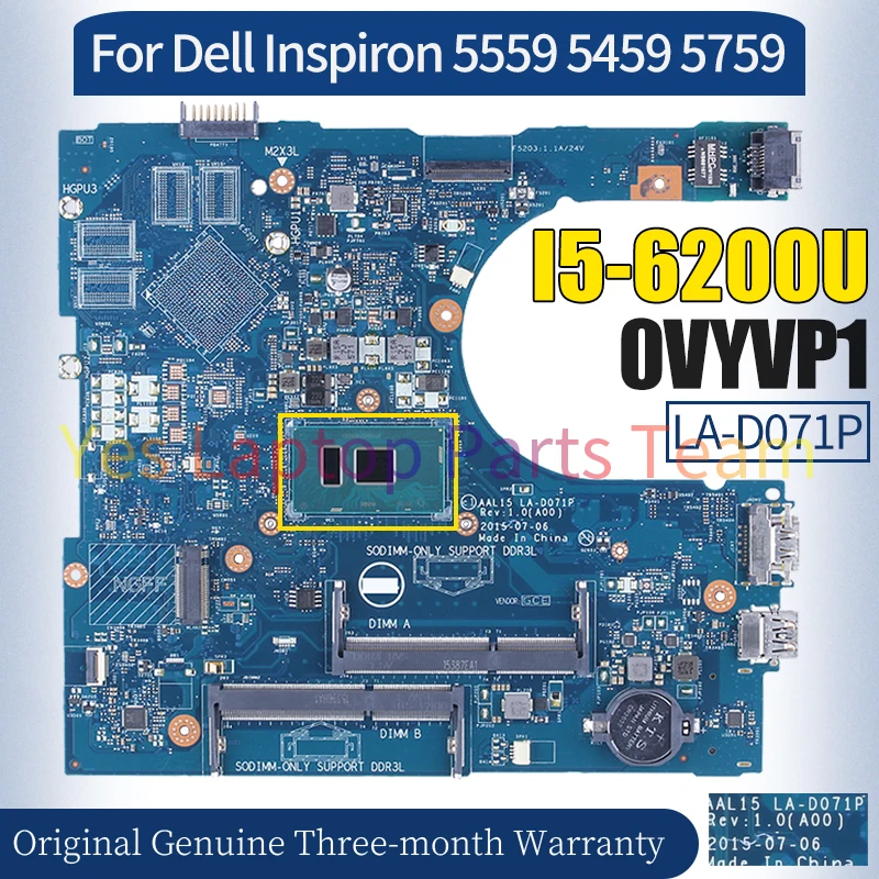 AAL15 LA-D071P For Dell Inspiron 5559 5459 5759  Laptop Mainboard CN-0VYVP1 SR2EY I5-6200U Notebook Motherboard 100％ Tested