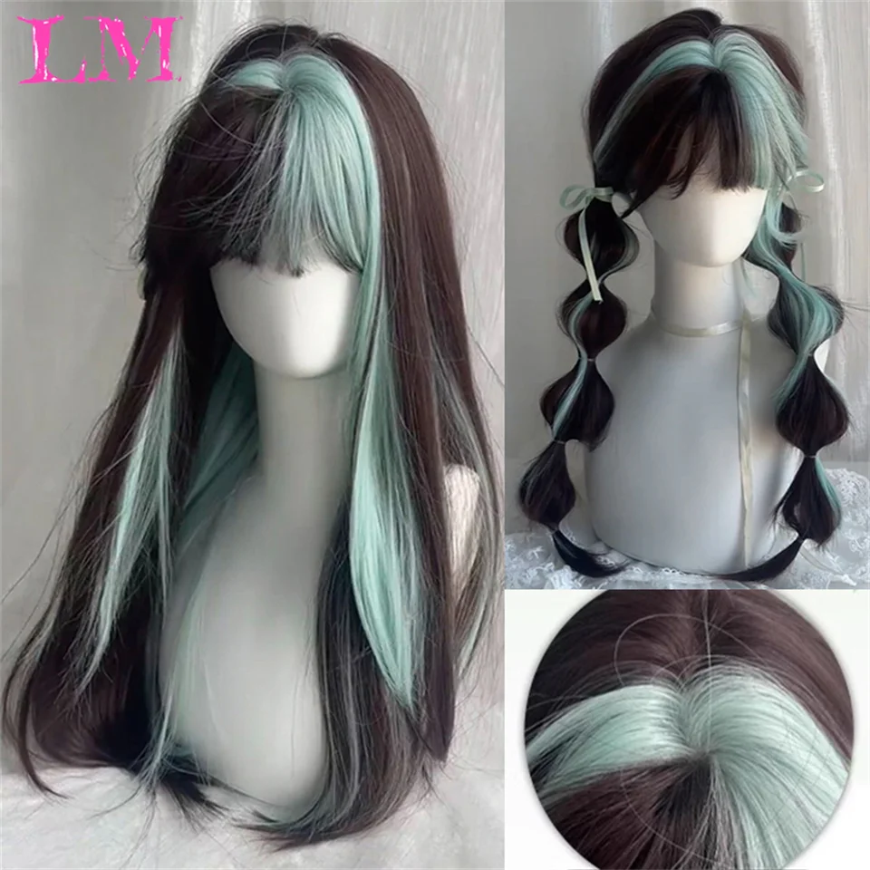 LM Black Synthetic Wig Hair Wig With Full Bangs Long Straight Wig Natural Soft Hair Heat Resistant Silk Headpiece For Women
