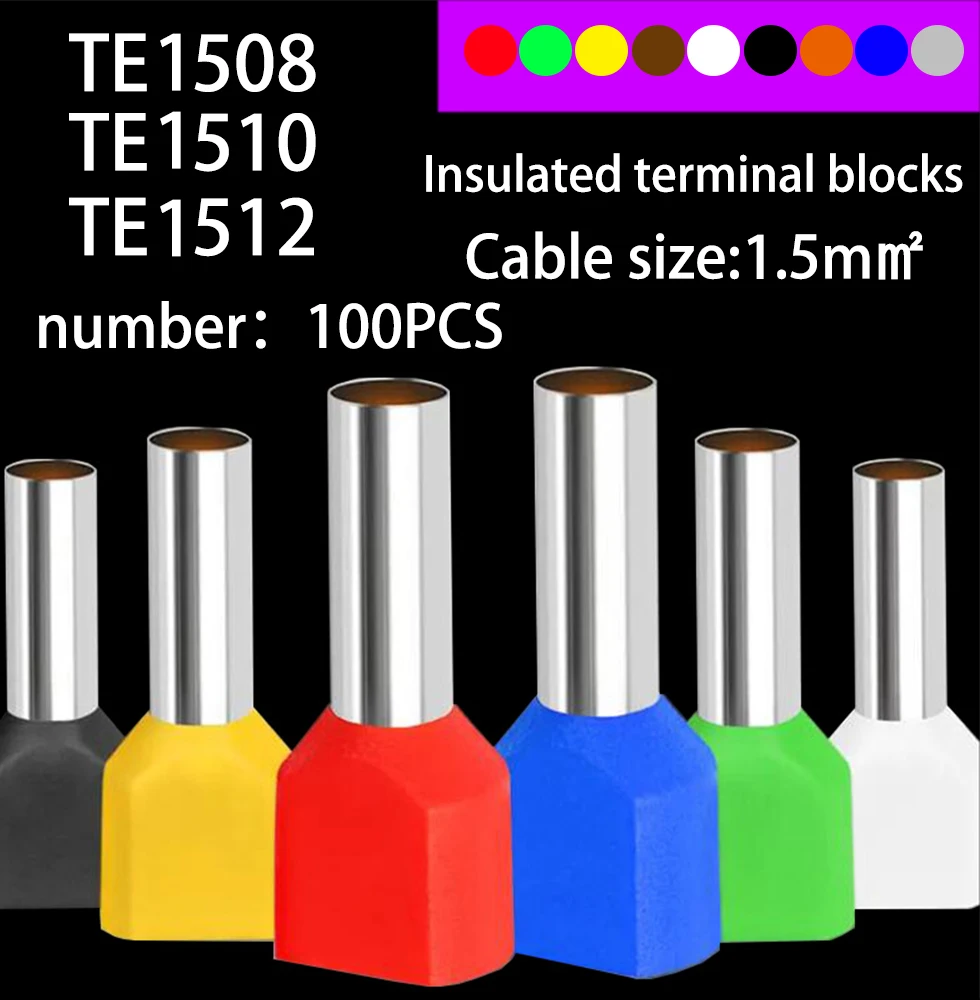 100PCS TE1508 TE1510 TE1512 ouble pipe 1.5MM² cold pressed end double line tube shaped insulated tubular terminal