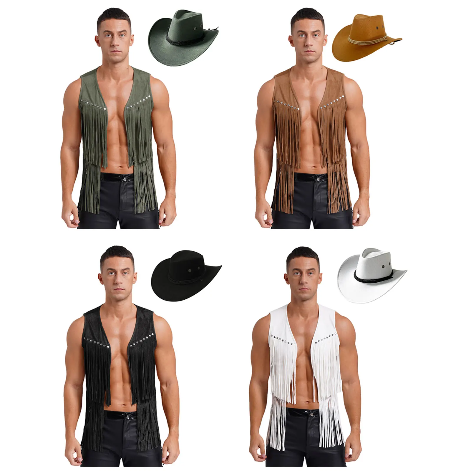 Men Western Cowboy Cosplay Costume Set Cowboy Suit Tassel Rivets Open Front Waistcoat and Drawstring Hat for Halloween Party