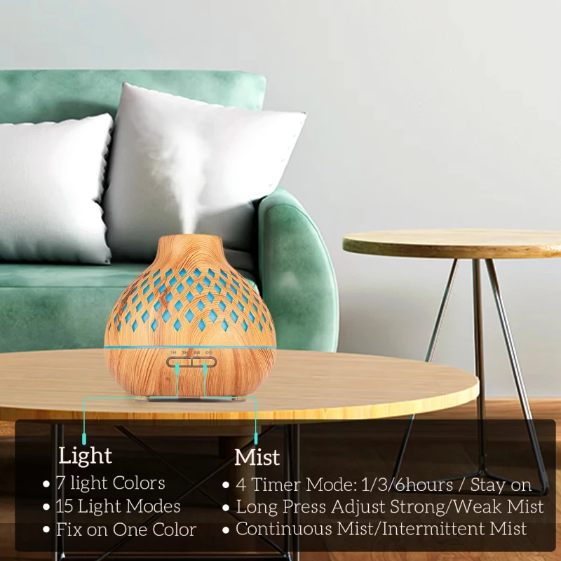 500ML น้ํามันหอมระเหยน้ํามันหอมระเหย Diffuser ไม้ GRAIN รีโมทคอนโทรล Ultrasonic Air Humidifier Cool พร้อมไฟ 7 สี