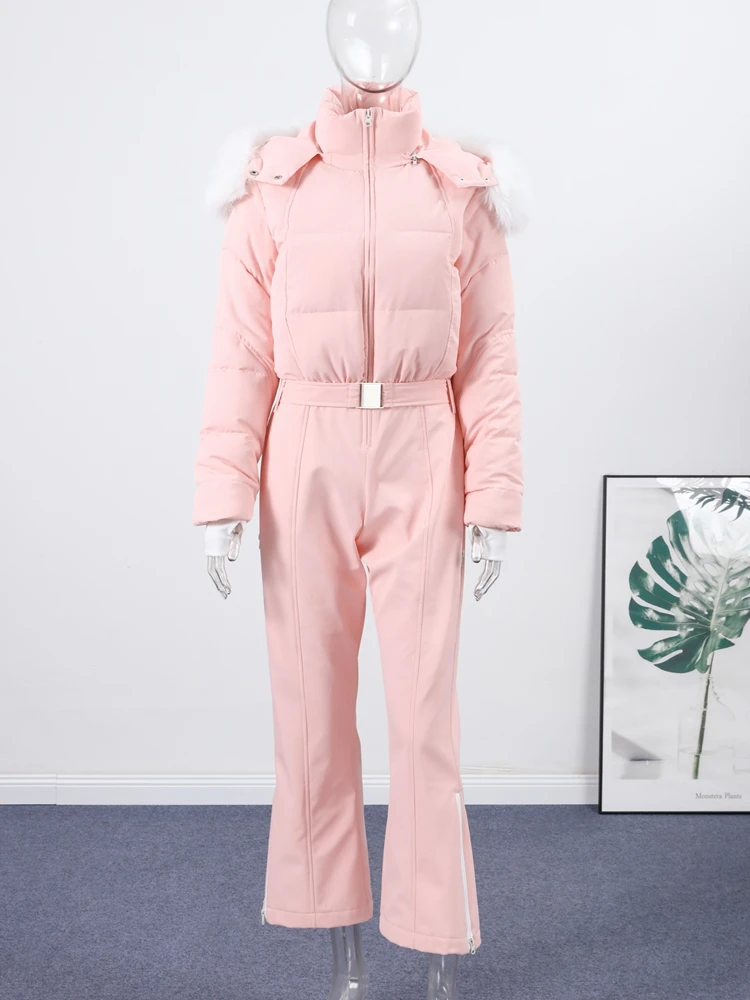 الوردي رشاقته الفراء المرقعة بذلة المرأة ضئيلة كم كامل هودي سستة عالية الخصر ملابس تزلج موضة شتاء دافئ سيدة رومبير