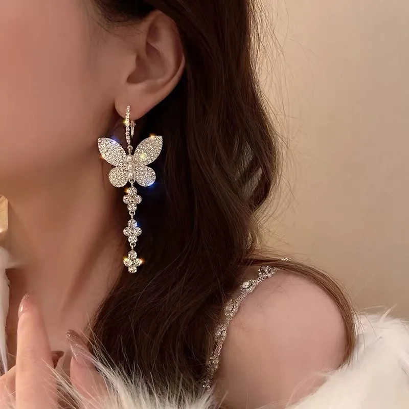 Accessories for Women Temperament Shiny Zircon Butterfly Long Earrings for Women Fairy Tassels Exaggerated Versatile Earring