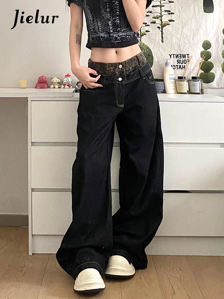 

Fake Two New Solid Color Slim Women Jeans Black High Waist Straight Pants Female Chic Fashion Street Casual Loose Woman Jeans