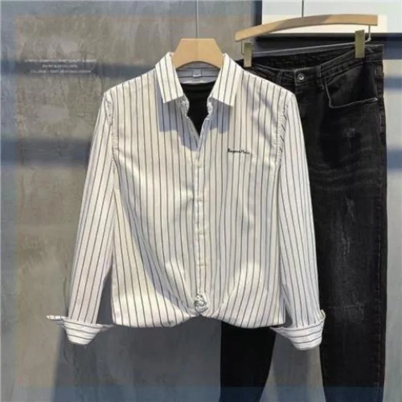 2025 Spring and Autumn New Trendy Small Embroidered Inch Clothes Slim Lapel Long Sleeve Tops Men Vertical Striped Casual Shirt