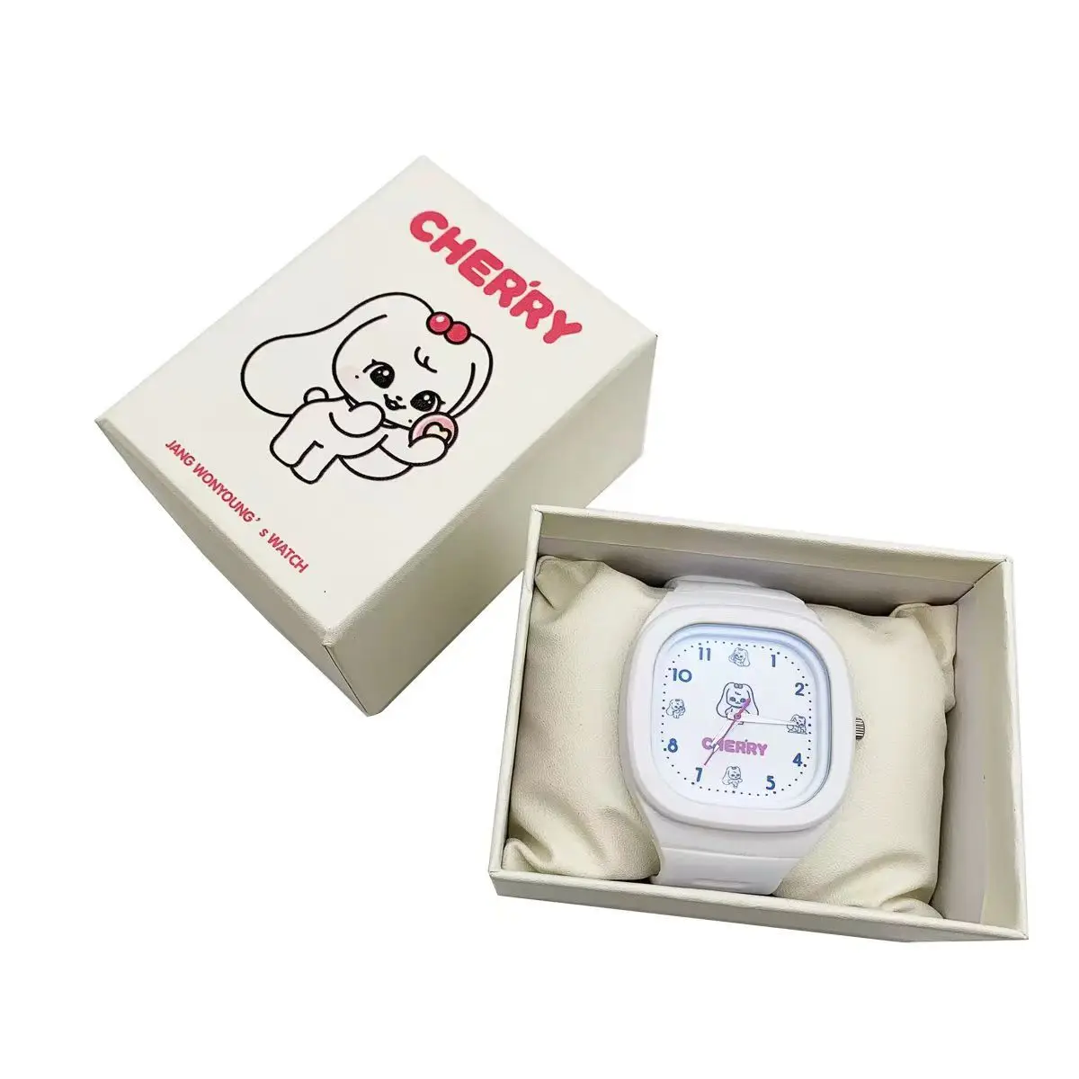 Kpop Idol wonyoung Cherry Jam Tangan elektronik สีขาวนาฬิกา quadrate Watch กรณีพลาสติก INS การ์ตูนน่ารักนักเรียนกันน้ำ