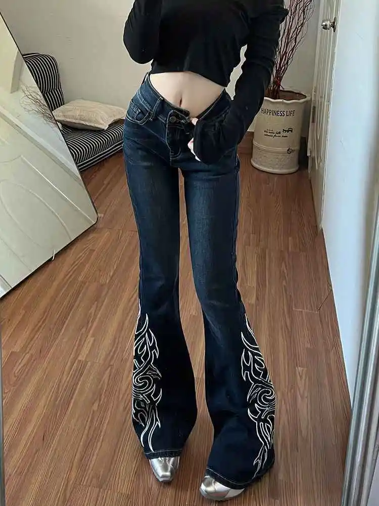 Women's Denim Pants American Retro Embroidered Skinny Abi Low Rise Flare Jeans Skinny Long Trousers Bell Bottom Japanese Y2k New
