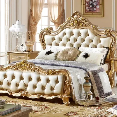 Dubai Royal Bedroom Set Furniture Luxury Classic Style Wooden Carved Frame Leather King Size Bed