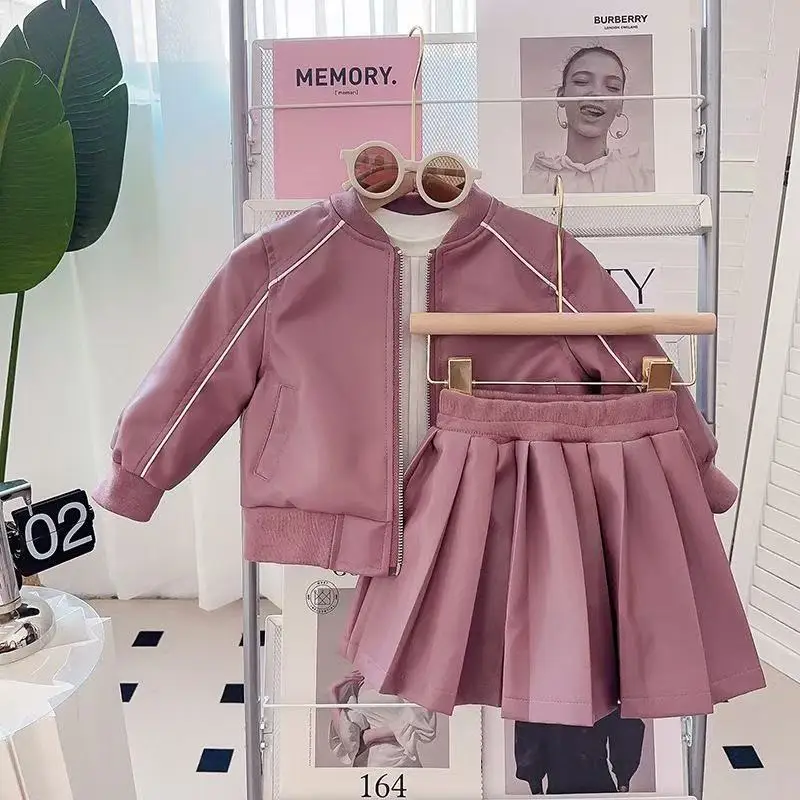 

2025 New Spring Autumn Girls Leather Jacket Suit Children's Fashionable Leather Jacket Pleated Skirt Two-piece Set Kids Outfits