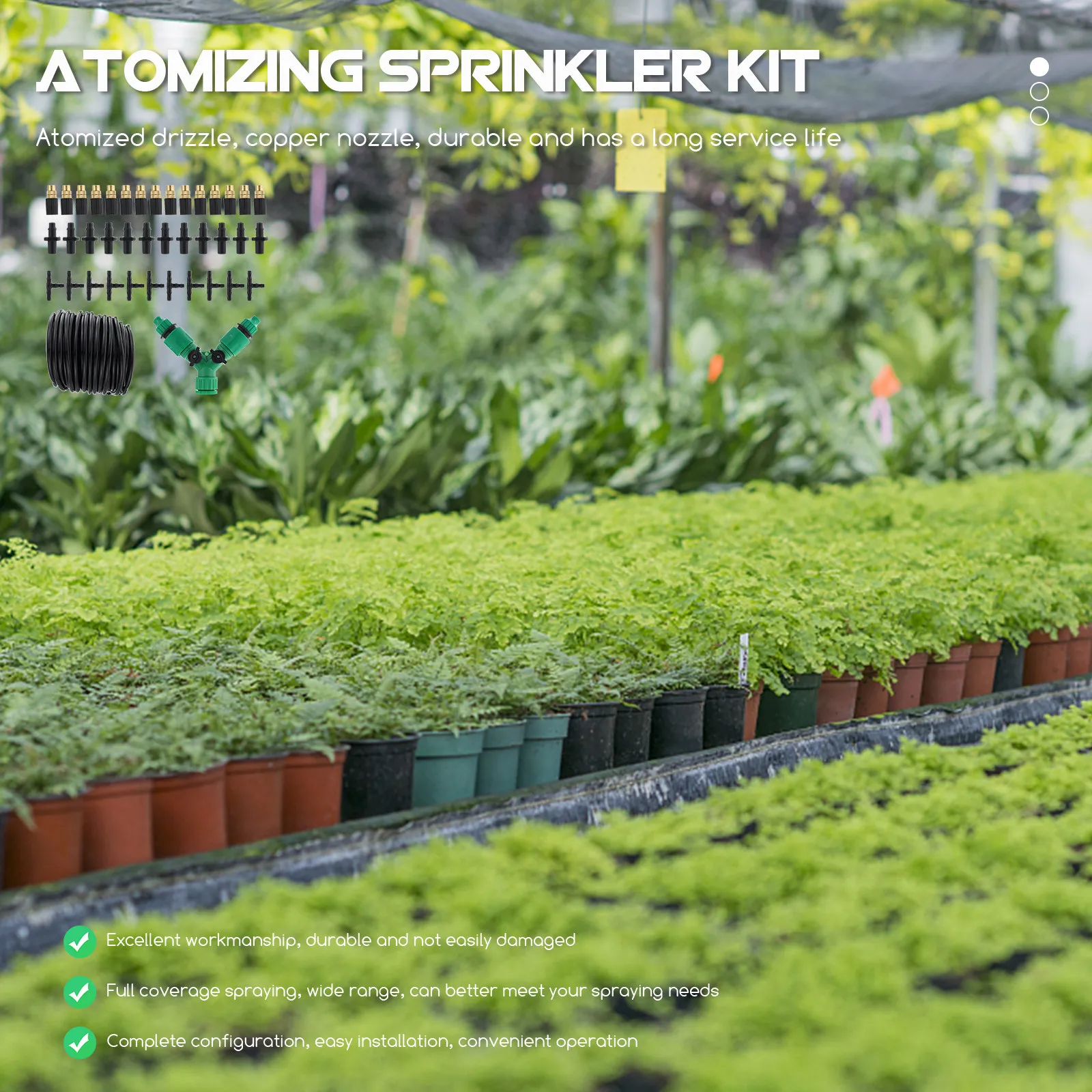 1Set 20M Atomizing Sprinkler Kit Garden Drip Irrigation Nozzles Hose Watering System Copper Mist Nozzle Full Coverage Cooling