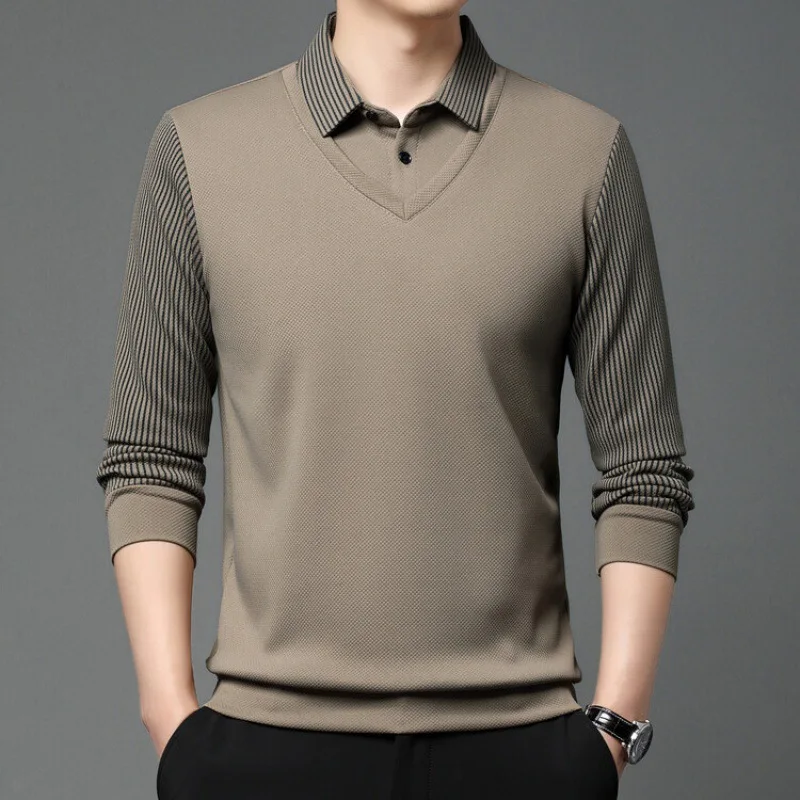

Men's Shirt Loose Fit Long Sleeve Thin Base Layer Shirt Collar Fake Two-Piece Turn-down Collar New Style Top