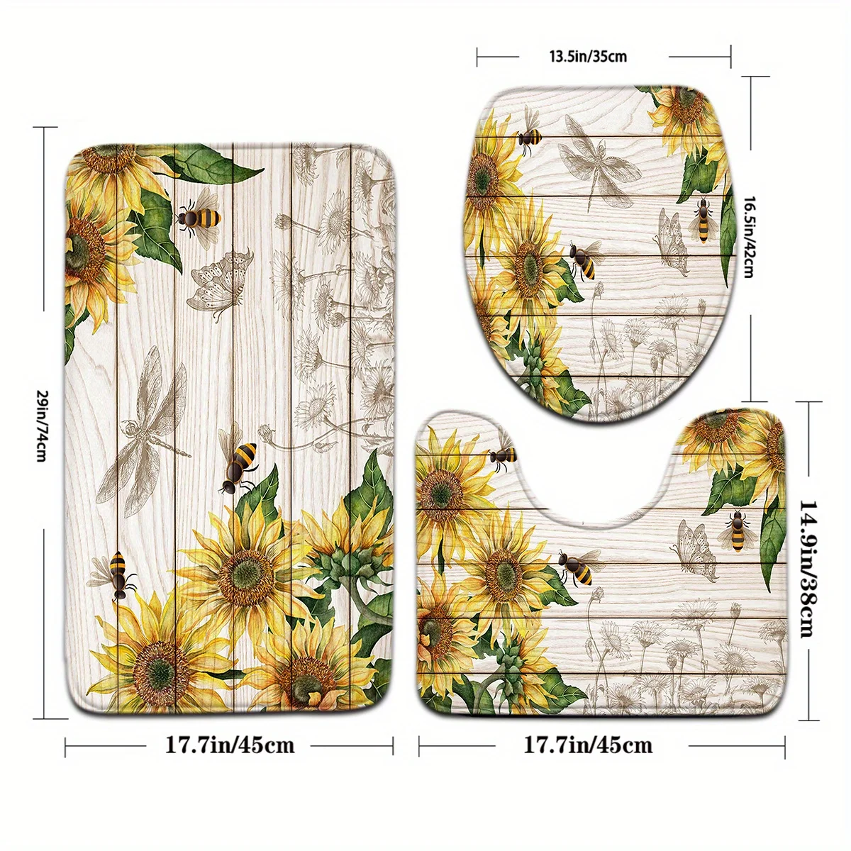 

Набор из 3-х ковриков для ванной в деревенском стиле с принтом подсолнухов, пчел и стрекоз, нескользящий, впитывающий, включает коврик для ванной, накладку на крышку унитаза и напольный ковер