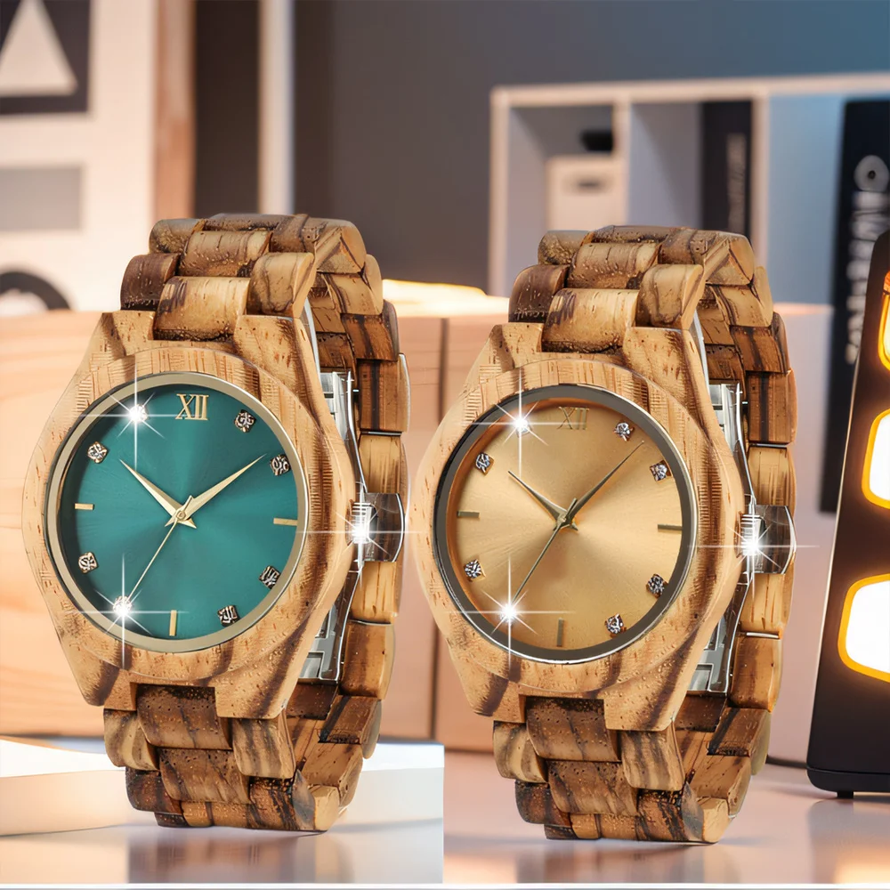 Relojes de diamantes de madera Natural para mujer, esfera dorada, relojes de pulsera para mujer, marca de lujo, diamantes de imitación