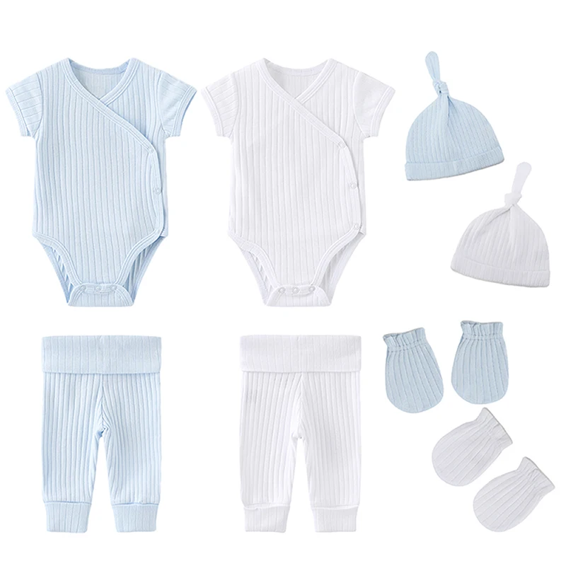 Kiddiezoom 8 PCS/Set Four Seasons Solid Newborn Boy Girl Clothing Sets Infant Bodysuits+Pants+Accessories Baby Shower Gift