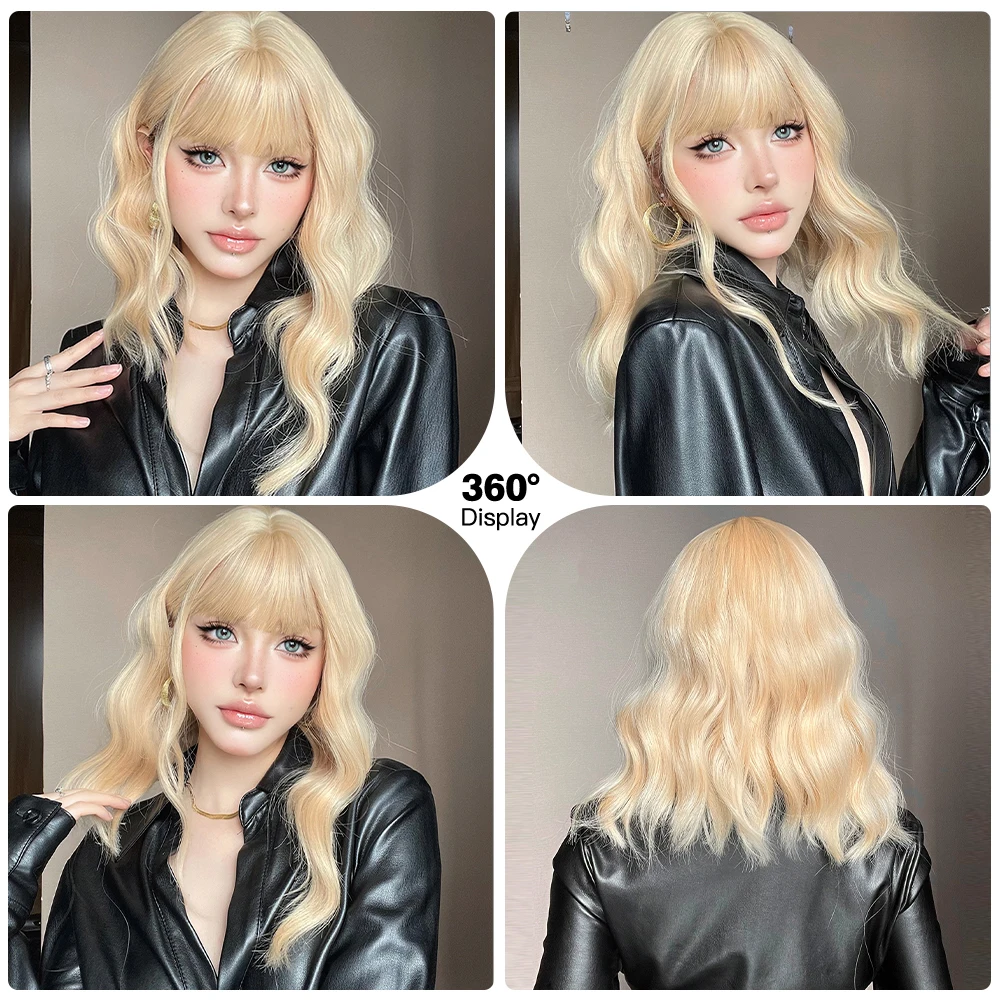 Jasny blond Bob Wave Syntetyczna peruka Krótkie imbirowo-żółte włosy z grzywką dla kobiet Naturalna peruka imprezowa Lolita Daily Fake Hair