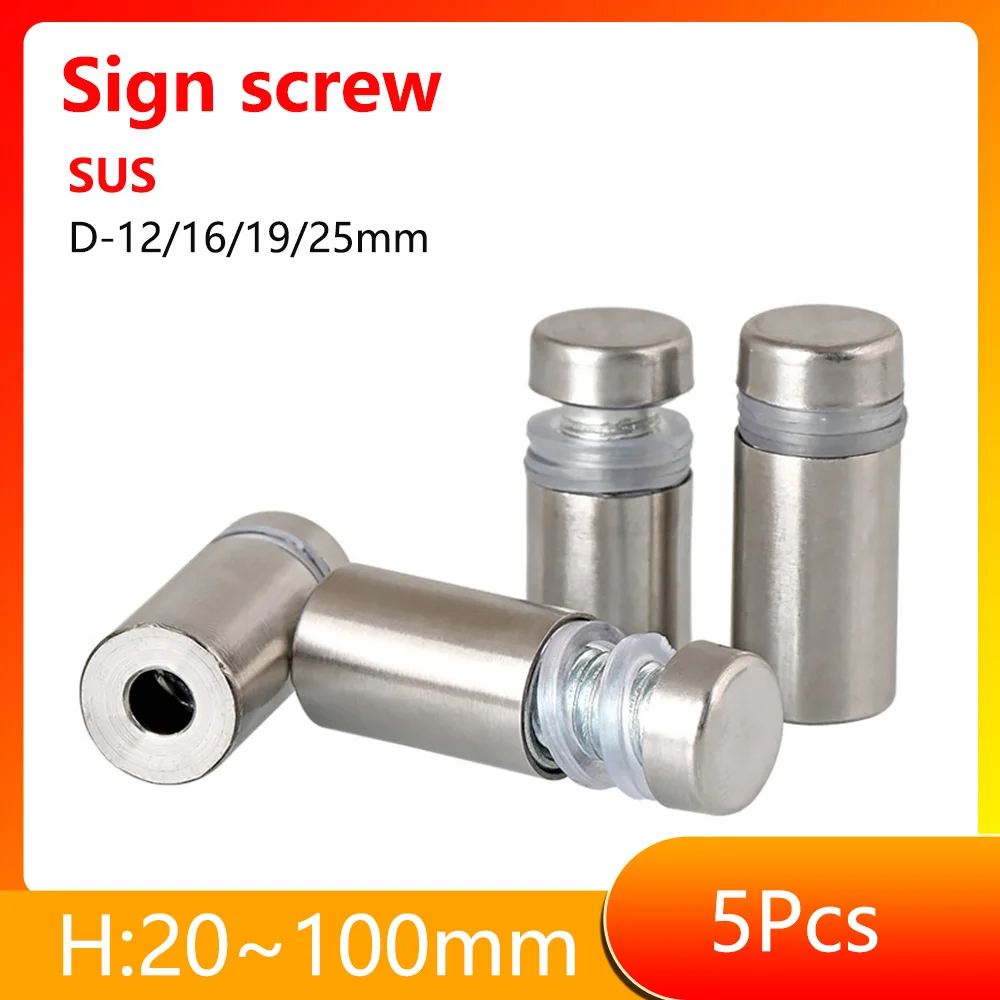 5Pcs Advertising Nails D12/16/19/25 Stainless Steel Screws for Wall Mount Glass/Acrylic Sign Standoff Fixing Screws Hardware