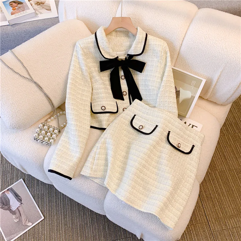 Fashion Women Tweed White Suit Jacket Coat Top And Skirt Elegant Two Piece Set Outfit 2022 Winter Jacquard Fashion Cloth