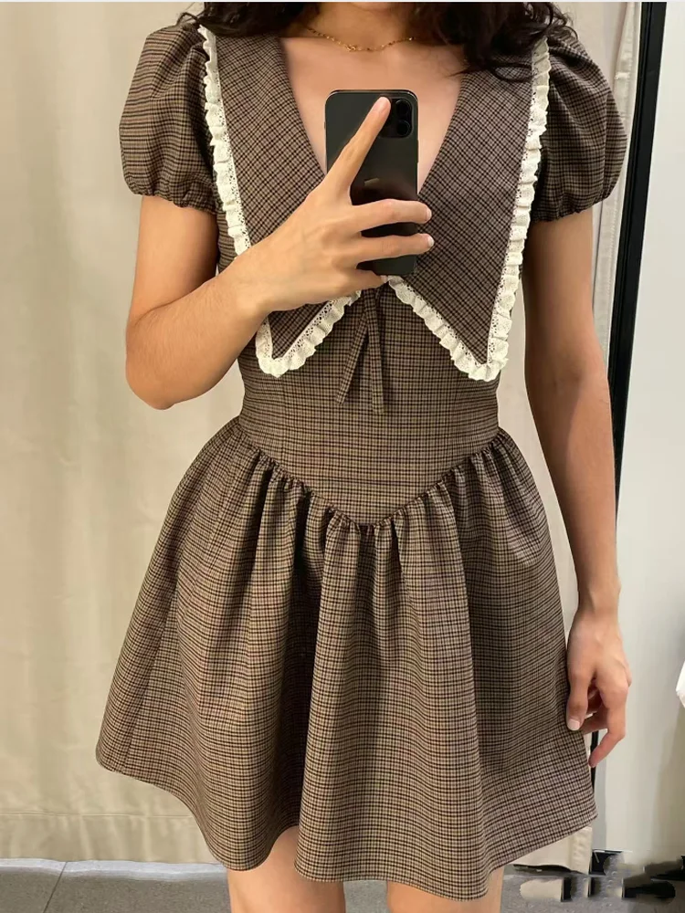 

Женское платье Sweet Fashion с узлом, в клетку, с отложным воротником, короткими рукавами-фонариками, из полиэстера, стандартный крой