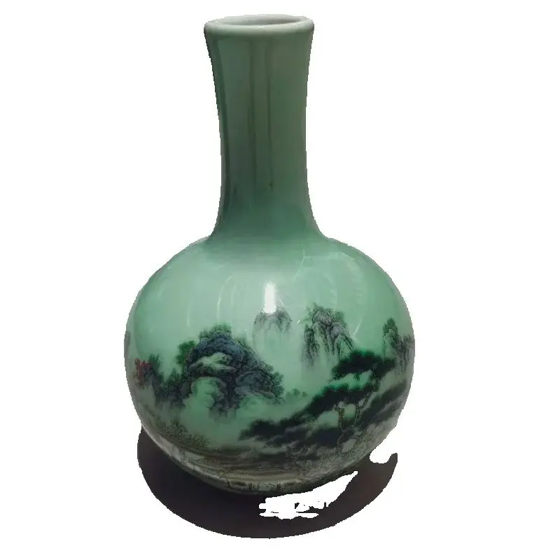 

Chinese Old Porcelain Vase Green Glazed with Landscape Pattern Traditional Asian Decorative Floor Standing Tabletop Ornament