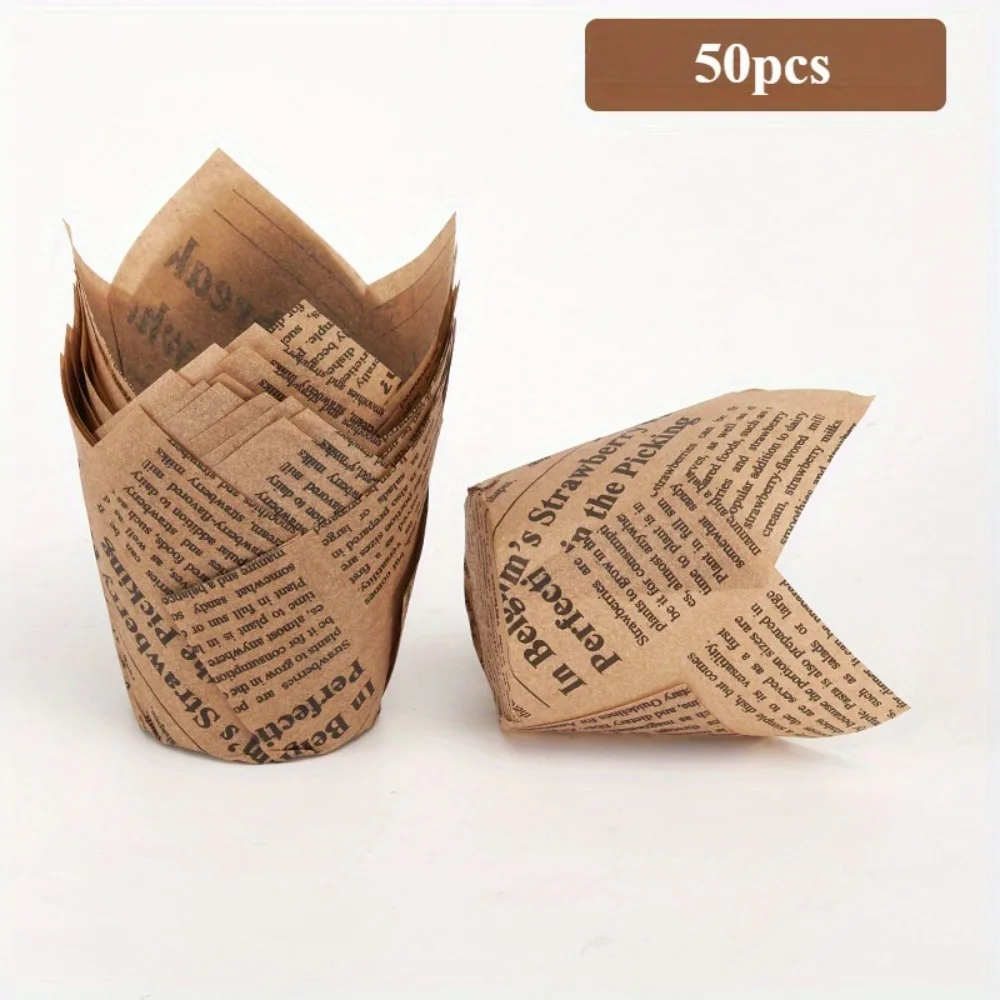 50pcs Newspaper Style Baking Cup Cupcake Liner For Wedding Party Caissettes Tulip Muffin Cupcake Paper Cup Oilproof Cake Wrapper