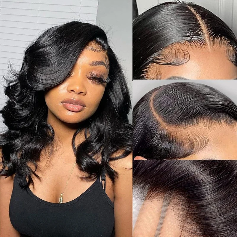 Wig Natural Bob pendek Wig Brazilian Remy 13x4 Body Wave transparan renda depan Wig rambut manusia untuk wanita murah dijual 180%