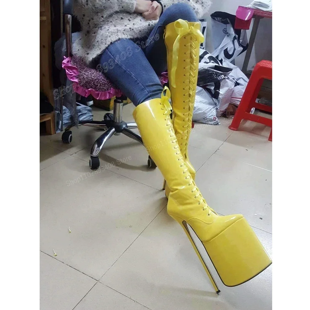 

Pole Dancing Yellow Patent Leather Platform Knee High Boots Cross Tied Thin High Heel Women Shoes 2023 Sexy Zapatos Para Mujere