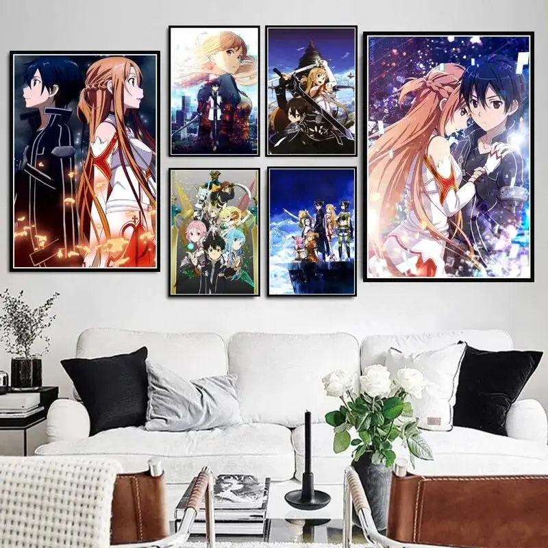 Sword Art Online Anime Canvas Wall Art Kirito Asuna Poster Print for Living Room Japan Anime Decor Video Game Inspired Home