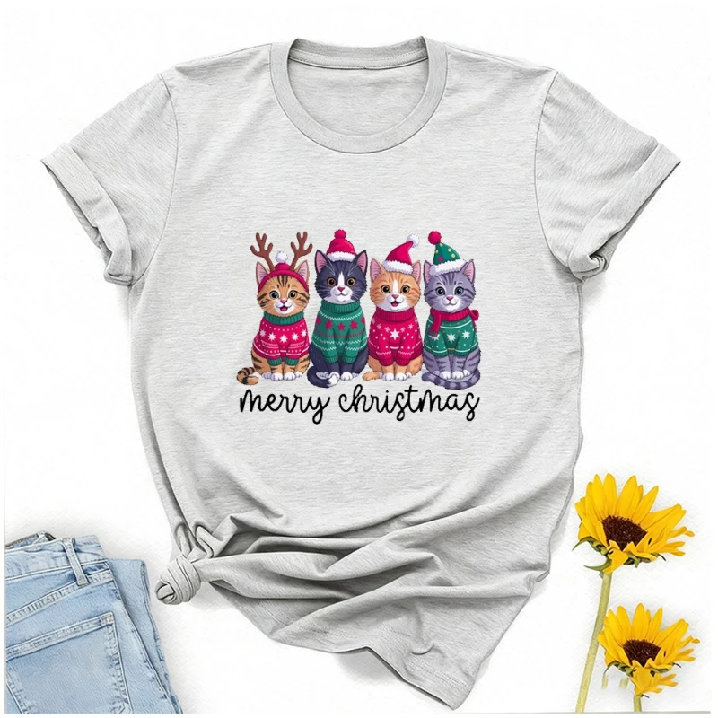 Meowy Christmas DTF Transfer Ready To Press Kawaii Funny Cute Cartoons Cat with Santa Hat Design Cotton Regular Short Sleeve