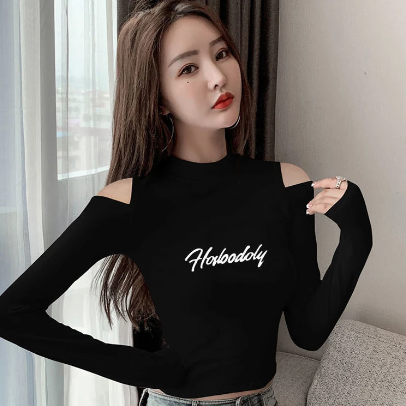 Korean Style Letter Printed Aesthetic Tee Shirt Sexy Off Shoulder Slim Short Tops Women Wild Long Sleeve Y2k Streetwear Crop Top