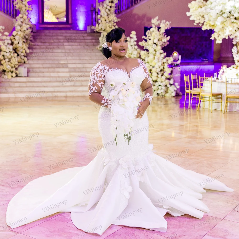 

African Satin Wedding Dress Elegant Applique Flowers Full Sleeve Beaded Mermaid Bride Gowns For Women Lace Up Back Customized