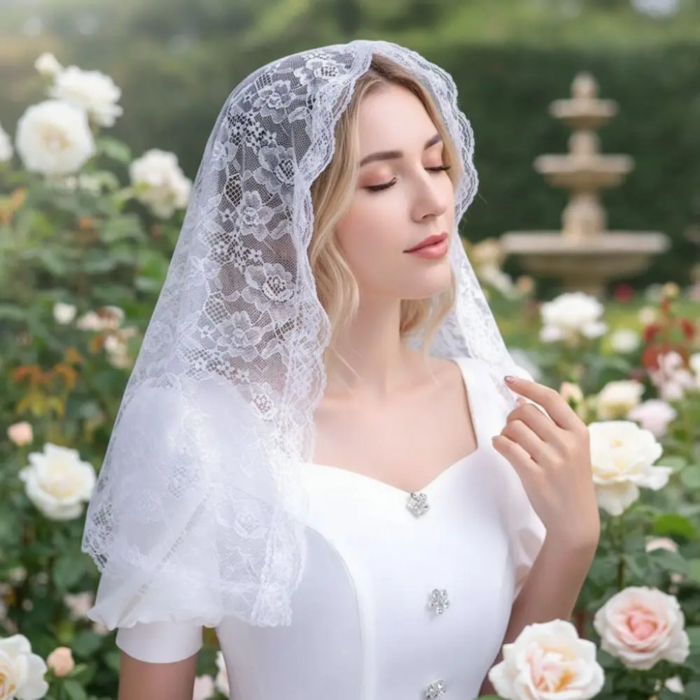 

Flower Embroidered Chapel Veil Lace Edge Spanish Style Bridal Lace Headscarf Traditional Vintage Romantic Lace Head Covering