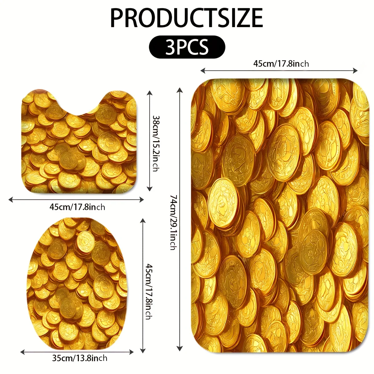 3pcs ​​Luxury Money Print Bath Mat Set - Non-Slip Gold Flannel Rug & Pad for Opulent Bathroom Decor & Prosperity Style​